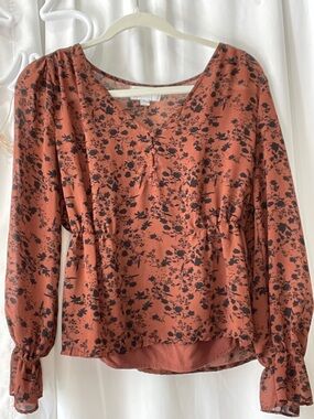 Rust Floral Long-Sleeve V-Neck Blouse